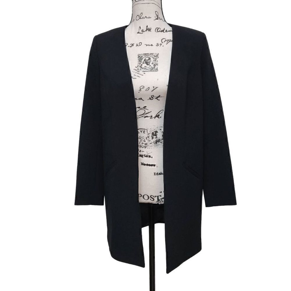 🖤 HALOGEN Open Front Collarless Long Black Blazer Size XS